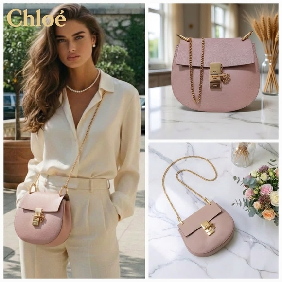 Chloe Handbags - Chloé Drew Small Cement Pink Grained Lambskin Crossbody Bag ✨